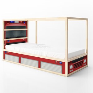 May include: A red fire truck themed bed frame with a wooden canopy and a white mattress. The bed frame features a detailed fire truck design with headlights, a grill, and a ladder.