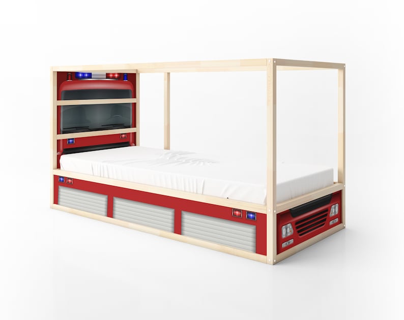May include: A red fire truck themed bed frame with a wooden canopy and a white mattress. The bed frame features a detailed fire truck design with headlights, a grill, and a ladder.