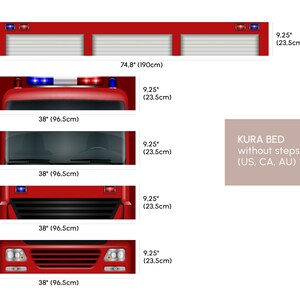 May include: A red fire truck bed frame with a white and gray garage door. The bed frame is 74.8 inches (190 cm) wide and 9.25 inches (23.5 cm) high. The text "KURA BED without steps (US, CA, AU)" is printed on a beige background.