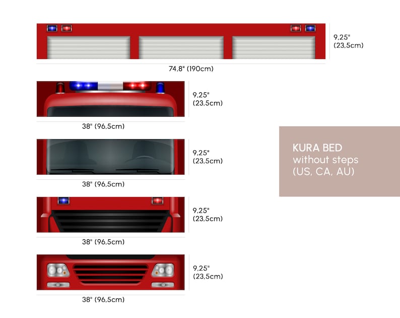 May include: A red fire truck bed frame with a white and gray garage door. The bed frame is 74.8 inches (190 cm) wide and 9.25 inches (23.5 cm) high. The text "KURA BED without steps (US, CA, AU)" is printed on a beige background.