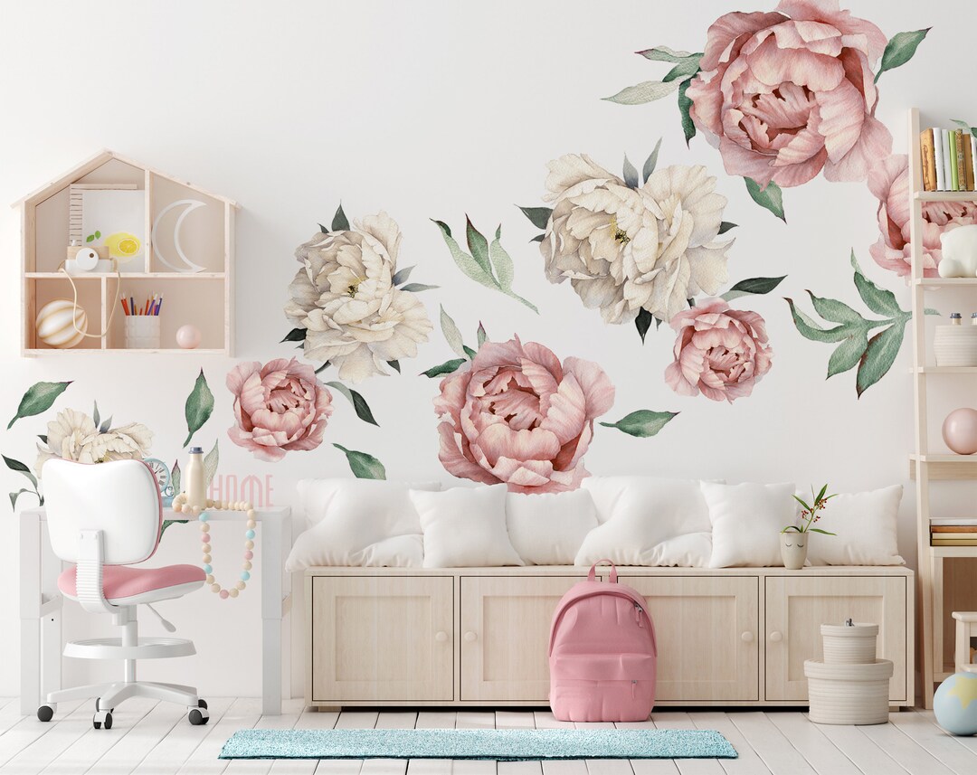 3-Piece Peel And Stick Flower Wall Decals - Vinyl Peony Floral Stickers For Bedroom, Living Room, Kids Room, Easy Removable Decor
