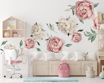 Peony Wall Decal, Floral Decals , Flowers Wall Stickers for Children&#39;s Room, Watercolor Plants , Self-Adhesive Wall Stickers, Home Decor