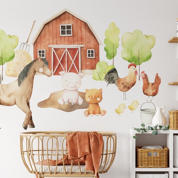 Village Animals Nursery Wallpaper, Fond d’écran thème ferme pour enfants et bébés, Papier peint pour enfants Peel and Stick, FARM Aquarelle Wall Decal