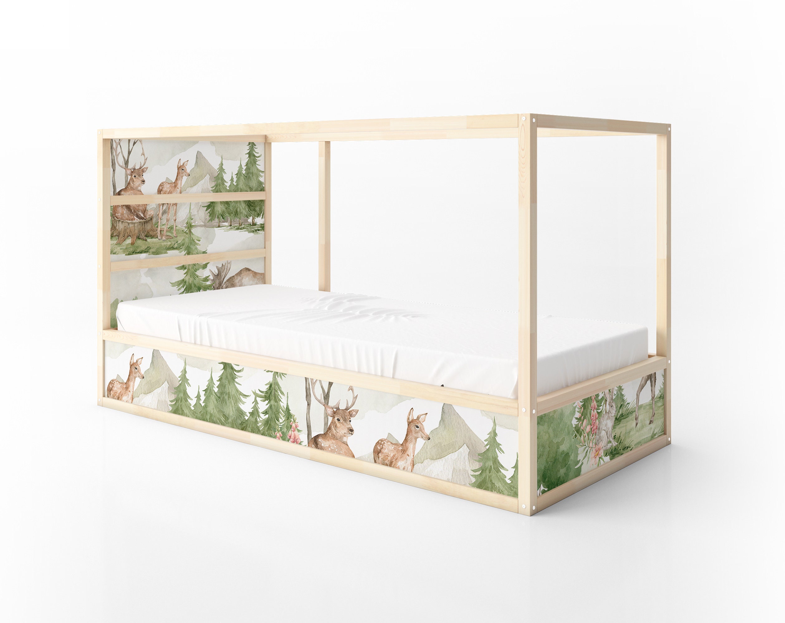 Autocollants Déco Pour Lit IKEA Kura, Motif Aquarelle Rose Forêt Et Animaux Des Bois - Neuf