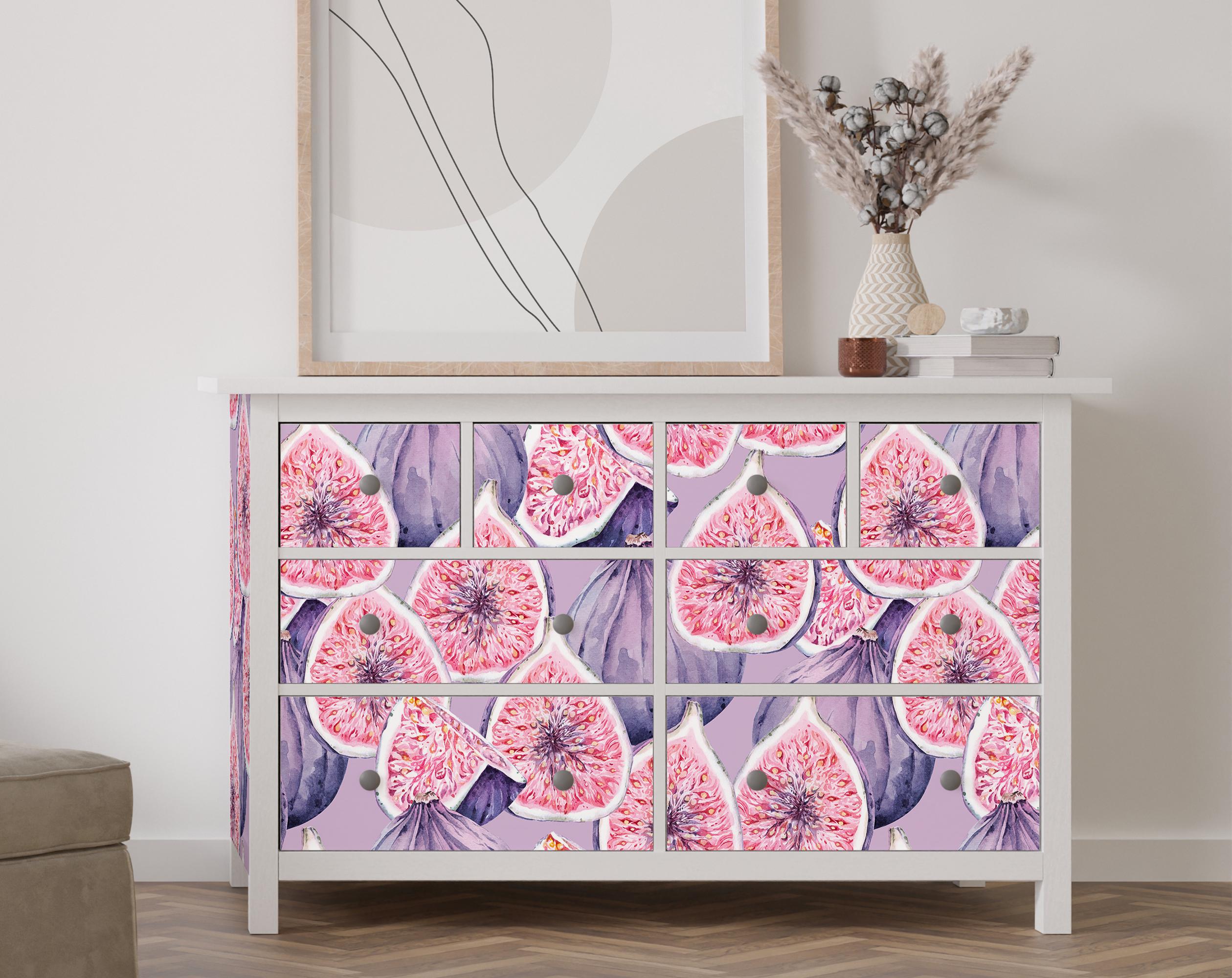 Colorful Fig Fruit Dresser Stickers for IKEA Hemnes – Vibrant Watercolor Peel and Stick Vinyl Decals, Fruity Furniture Wrap, Kitchen Decor