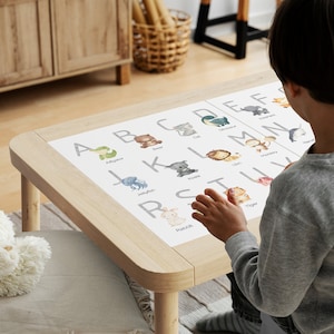Può includere: Un bambino è seduto a un tavolo e sta imparando l'alfabeto con un poster colorato che presenta animali e le loro lettere corrispondenti. Il poster è stampato su carta bianca e presenta illustrazioni di animali come un alligatore, un orso, un gatto, ecc.