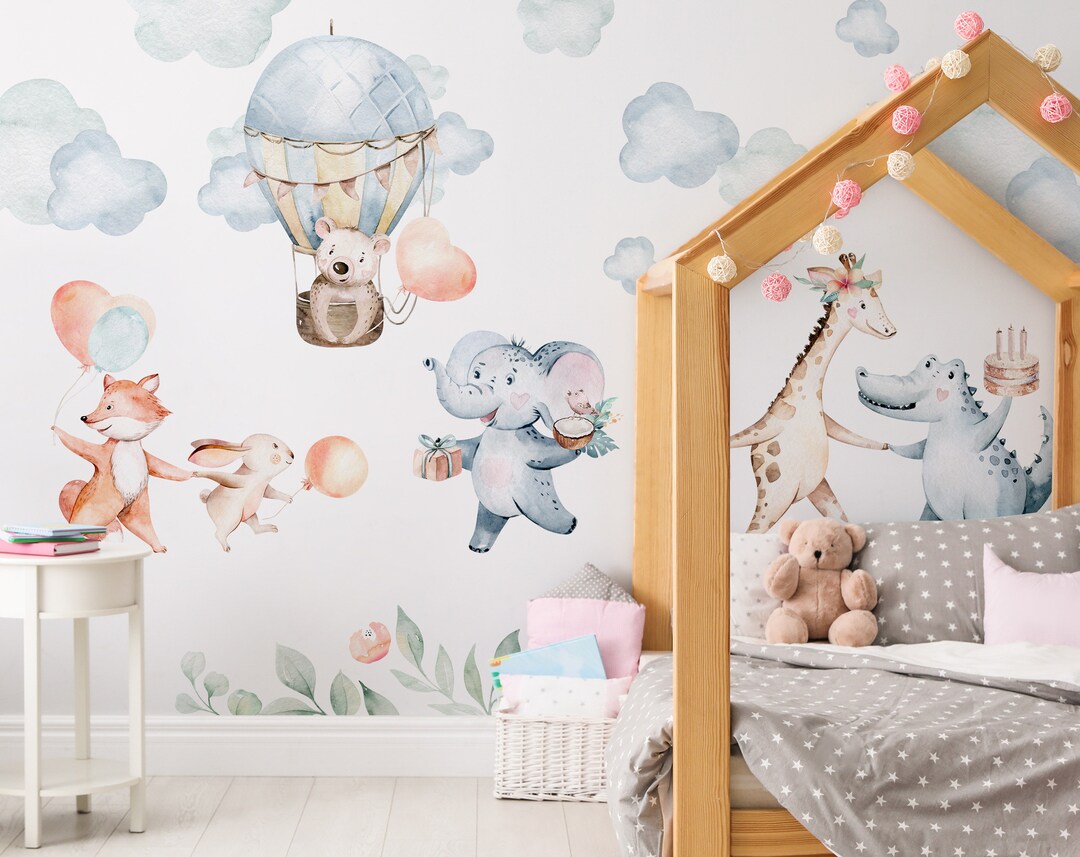 Animals & Hot Air Balloons Nursery Wall Decal: Kids Room Decor - Etsy