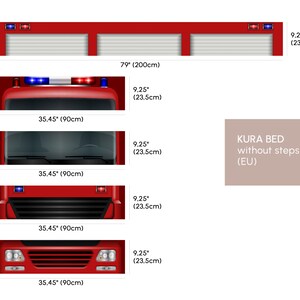 May include: A red fire truck bed frame with a white slatted headboard and a red ladder. The bed frame is 79 inches wide and 9.25 inches tall. The text "KURA BED without steps (EU)" is printed on a beige background.