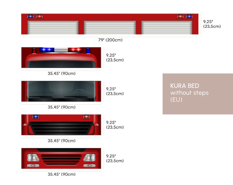 May include: A red fire truck bed frame with a white slatted headboard and a red ladder. The bed frame is 79 inches wide and 9.25 inches tall. The text "KURA BED without steps (EU)" is printed on a beige background.