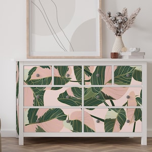 Tropical Leaf Dresser Wrap for IKEA Hemnes – Botanical Peel and Stick Vinyl Decals, Jungle Green Foliage Furniture Stickers, Modern Decor