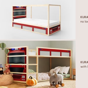 May include: Two wooden KURA beds with a fire truck theme. The top bed is a single bed, while the bottom bed is a bunk bed. Both beds have a red fire truck design on the headboard and footboard. The top bed has a white mattress and the bottom bed has a gray mattress. The text "KURA BED" is written on the right side of the image, with the words "no loader" and "with loader" below it.