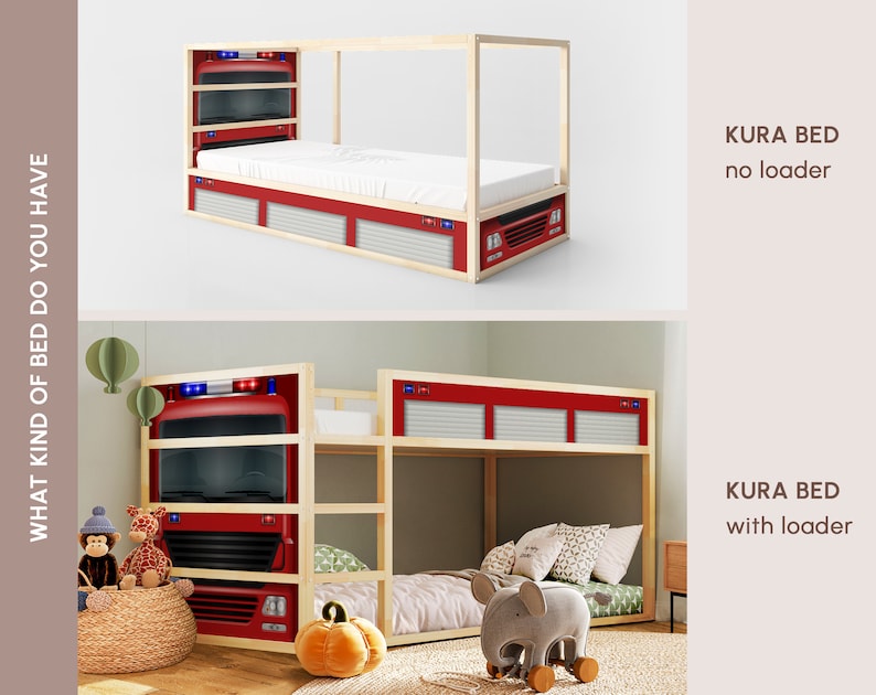 May include: Two wooden KURA beds with a fire truck theme. The top bed is a single bed, while the bottom bed is a bunk bed. Both beds have a red fire truck design on the headboard and footboard. The top bed has a white mattress and the bottom bed has a gray mattress. The text "KURA BED" is written on the right side of the image, with the words "no loader" and "with loader" below it.