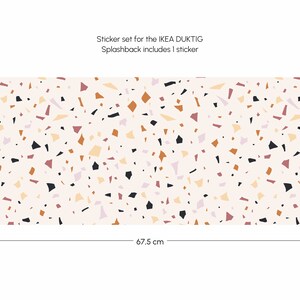 May include: A terrazzo-patterned sticker set for the IKEA DUKTIG Splashback. The sticker is 67.5 inches wide and 32 inches tall.
