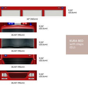 May include: A red fire truck toy with a black grill and headlights. The truck is 35.45 inches (90 cm) wide and 9.25 inches (23.5 cm) tall. The toy truck is shown in four different views, including the front, side, and top. The toy truck is part of a KURA bed with steps (EU).