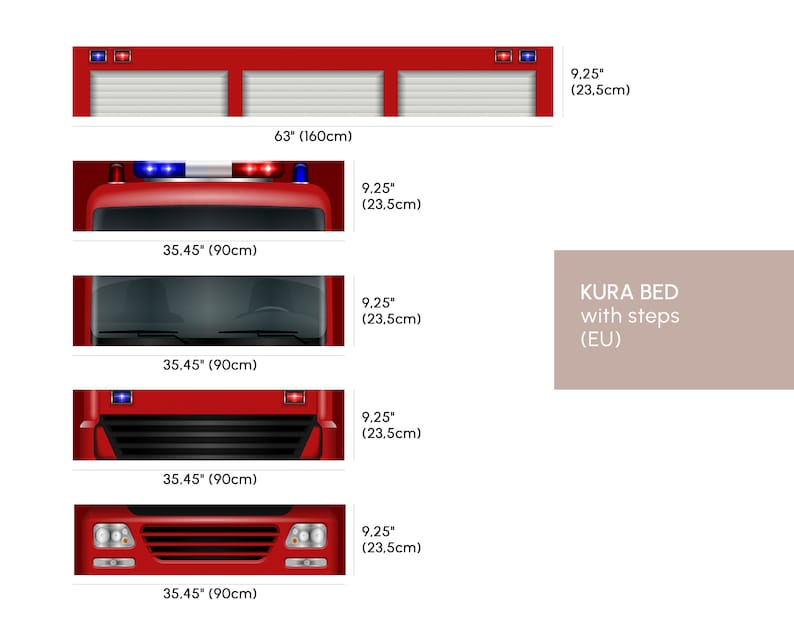 May include: A red fire truck toy with a black grill and headlights. The truck is 35.45 inches (90 cm) wide and 9.25 inches (23.5 cm) tall. The toy truck is shown in four different views, including the front, side, and top. The toy truck is part of a KURA bed with steps (EU).