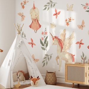 Fairytale Pony Wall Stickers, Watercolor Unicorn Wall Decal, Flora Nursery Fairytale Wall Decals, Unicorn Wall Decor