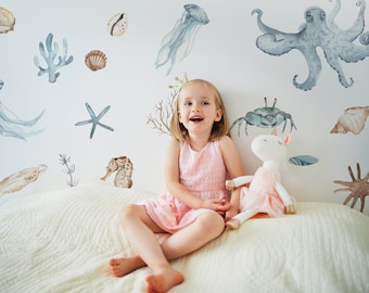 Sea World muur sticker, aquarel sticker set kinderkamer, kinderkamer oceaan muur sticker, Peel en stick, Oceaan Quilt muur sticker