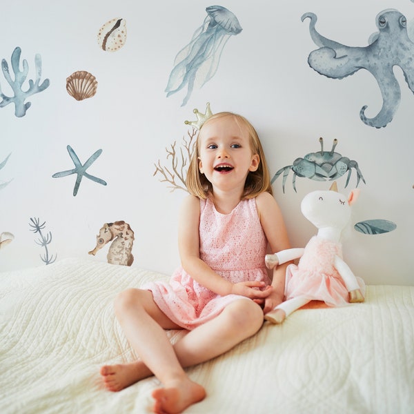 Sea World muur sticker, aquarel sticker set kinderkamer, kinderkamer oceaan muur sticker, Peel en stick, Oceaan Quilt muur sticker