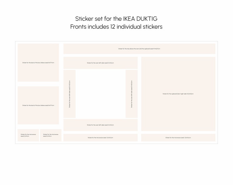 May include: Sticker set for the IKEA DUKTIG toy kitchen. The set includes 12 individual stickers for different parts of the kitchen, such as the oven, stovetop, and backsplash.