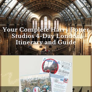 Puede incluir: Un collage de imágenes que promocionan un itinerario y una guía de 4 días en Londres, con una foto del hall central del Museo de Historia Natural, un autobús de dos pisos rojo y una silueta de un mago. El texto "Bienvenido a Londres" está en la parte superior de la imagen, y el texto "Tu itinerario y guía completa de los estudios de Harry Potter en Londres de 4 días" está debajo. Los textos "London Guide" y "Hello London" están en dos folletos separados.