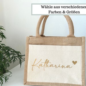 Personalisierte Jutetaschemit Namen und Herz bedruckt. Die Jute Tasche mit Namen ist perfekt als Geschenkfür deine Freundin und ganz personalisiert.