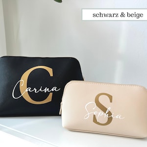 Cosmetic bag personalized with name and letter, toiletry bag with name, make-up bag initials made of faux leather in black & beige image 1
