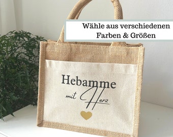 Jute Tasche Hebamme mit Herz, Geschenk Tasche Hebamme mit Herz, Hebamme Dankeschön, Personalisierter Jutebeutel Hebamme Abschiedsgeschenk