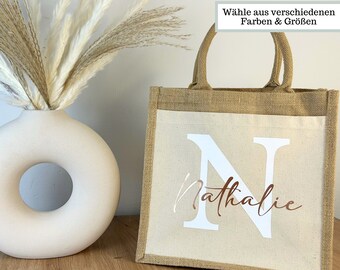 Personalisierte Jutetasche mit Name Buchstabe, Stofftasche Initial Jute Shopper Tasche bedruckt, Tasche Buchstabe bedruckt Jute Tasche