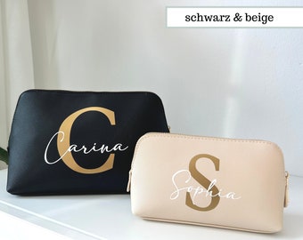 Cosmetic bag personalized with name and letter, toiletry bag with name, make-up bag initials made of faux leather in black & beige