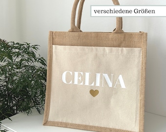 Personalisierte Jutetasche mit Namen und Herz beplottet, personalisierte Jute Stoff Tasche mit Fach aus Baumwolle Name & Herz bedruckt