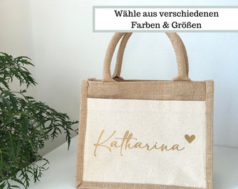 Personalized jute bag printed with name and heart, jute bag with name, jute shopper personalized fabric tote bag cotton heart