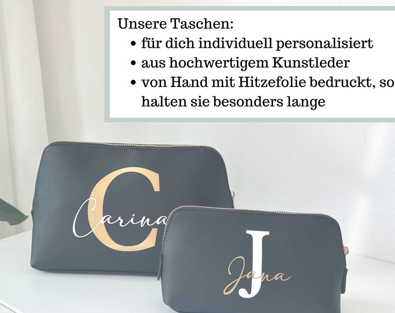 Kosmetiktasche mit Namen und Buchstabe personalisiert, Kulturbeutel mit Namen Schminktasche Initialen aus Kunstleder in Schwarz & Beige Bild 8