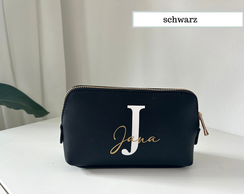 Cosmetic bag personalized with name and letter, toiletry bag with name, make-up bag initials made of faux leather in black & beige image 2