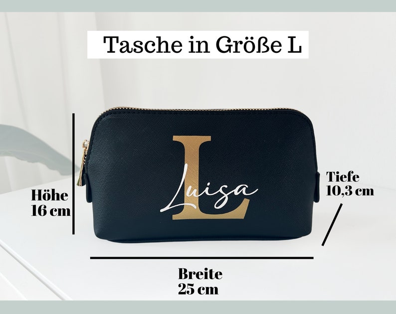 Kosmetiktasche mit Namen und Buchstabe personalisiert, Kulturbeutel mit Namen Schminktasche Initialen aus Kunstleder in Schwarz & Beige Bild 7