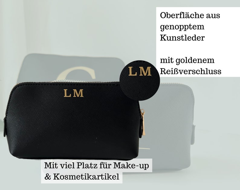 Kosmetiktasche mit Initialen personalisiert in schwarz aus Kunstleder, Buchstaben Schminktasche Initial beplottet Set mit Anfangsbuchstaben Bild 7