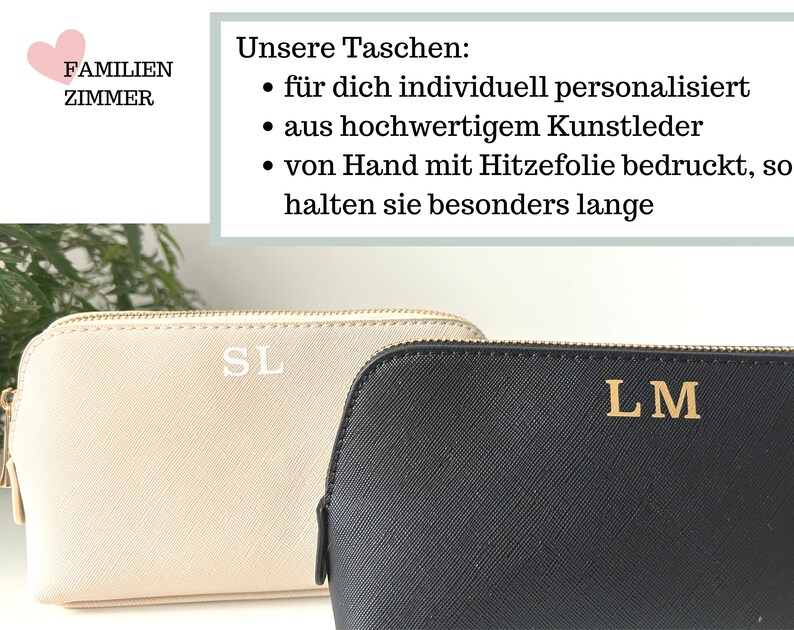 Kosmetiktasche mit Initialen personalisiert in schwarz aus Kunstleder, Buchstaben Schminktasche Initial beplottet Set mit Anfangsbuchstaben Bild 2