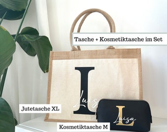 Kosmetiktasche & Jute Tasche mit Namen und Buchstabe personalisiert, Stofftasche Namen Schminktasche Set Initialen beplottet, Kulturtasche