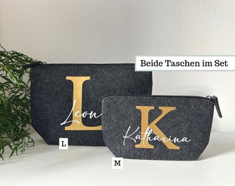 Kosmetiktasche Filz Kulturtasche Damen, Filztasche personalisiert mit Namen u Buchstaben als Geschenk, Filz Schminktasche klein grau