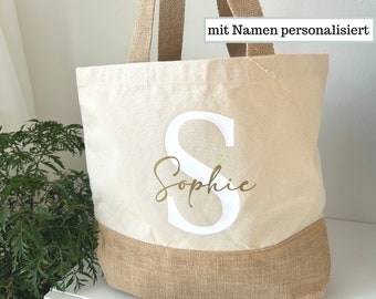 Personalisierte Einkaufstasche mit Name, Shopper Tasche Jute  Namen groß, Stofftasche bedruckt Buchstabe, Jutetasche Baumwolle mit Initialen