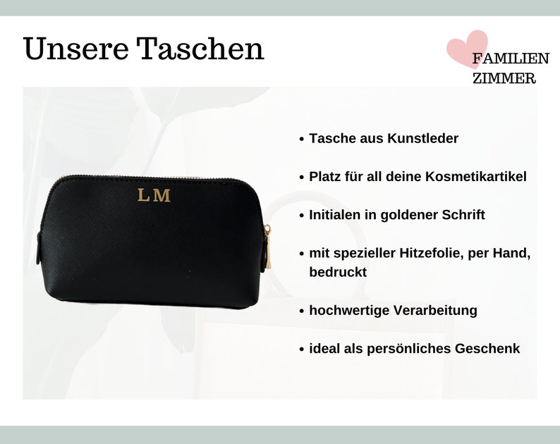 Kosmetiktasche mit Initialen personalisiert in schwarz aus Kunstleder, Buchstaben Schminktasche Initial beplottet Set mit Anfangsbuchstaben Bild 3