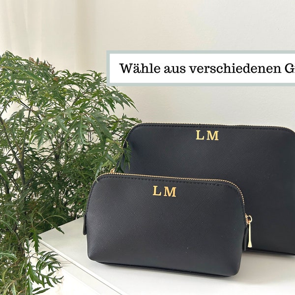 Kosmetiktasche mit Initialen personalisiert in schwarz aus Kunstleder, Buchstaben Schminktasche Initial beplottet Set mit Anfangsbuchstaben