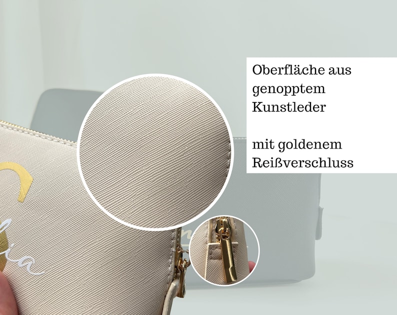 Kosmetiktasche mit Namen und Buchstabe personalisiert, Kulturbeutel mit Namen Schminktasche Initialen aus Kunstleder in Schwarz & Beige Bild 5