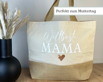 Juteshopper Mama, Shopper Beste Mama Tasche Muttertag, Einkaufstasche Mama Weltbeste Mama Geschenk Shopper Mama Herz Tasche Geburtstag