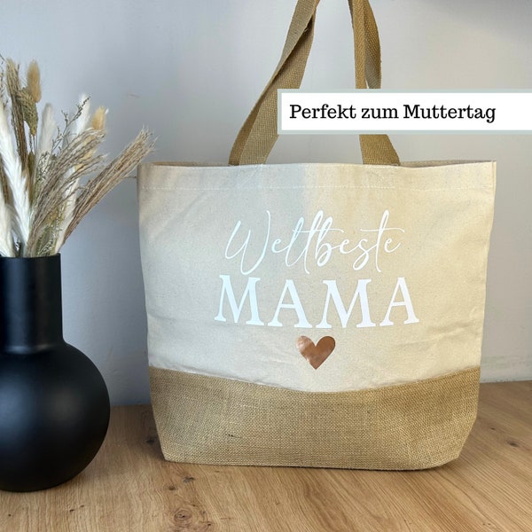 Juteshopper Mama, Shopper Beste Mama Tasche Muttertag, Einkaufstasche Mama Weltbeste Mama Geschenk Shopper Mama Herz Tasche Geburtstag