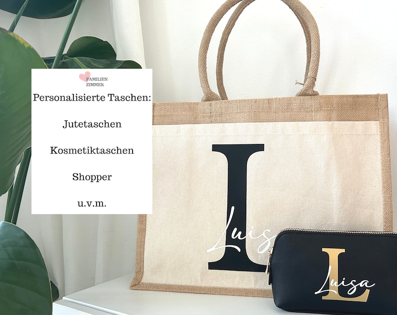 Personalisierte Einkaufstasche mit Name, Shopper Tasche Jute Namen groß, Stofftasche bedruckt Buchstabe, Jutetasche Baumwolle mit Initialen Bild 9