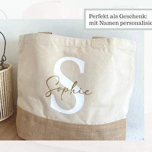 Personalisierte Einkaufstasche mit Name, Shopper Tasche Jute Namen groß, Stofftasche bedruckt Buchstabe, Jutetasche Baumwolle mit Initialen Bild 6