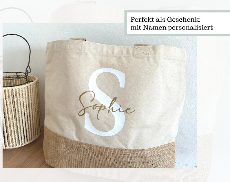 Personalisierte Einkaufstasche mit Name, Shopper Tasche Jute Namen groß, Stofftasche bedruckt Buchstabe, Jutetasche Baumwolle mit Initialen Bild 6