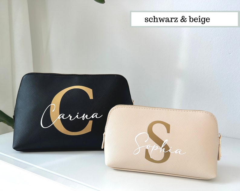 Cosmetic bag personalized with name and letter, toiletry bag with name, make-up bag initials made of faux leather in black & beige image 1