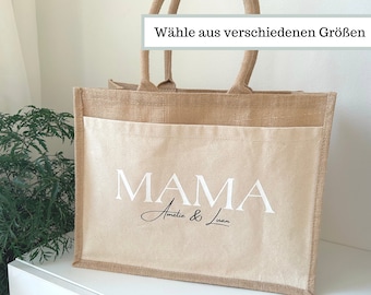 Jutetasche Mama mit Namen personalisiert, Jute Tasche Mama Geschenk personalisierte  mit Kinder Namen, Jute Einkaufstasche Mama bedruckt