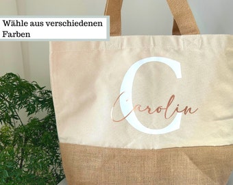 Jute Shopper Personalisiert mit Name und Buchstabe aus Baumwolle, große Shopper Tasche mit Initial, Stofftasche bedruckt mit Name Buchstabe